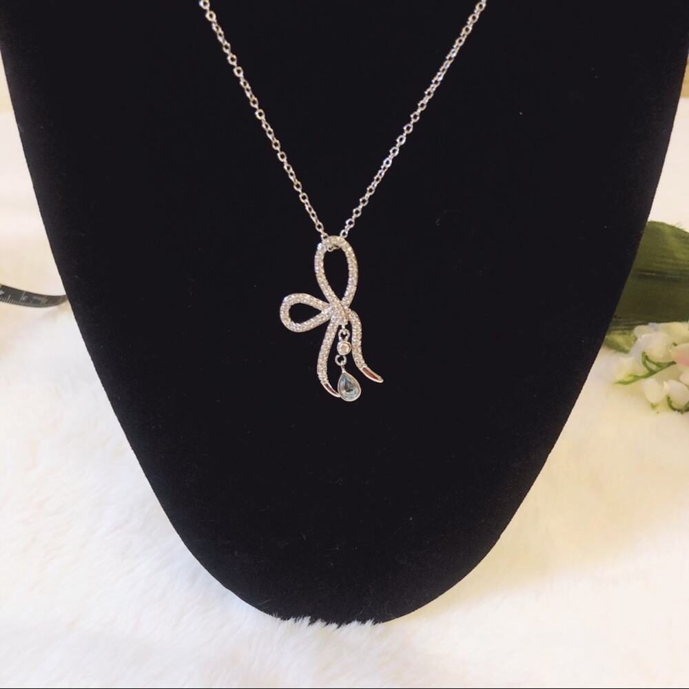Silver Ribbon with Blue Crystal Necklace - Picture 4 of 10